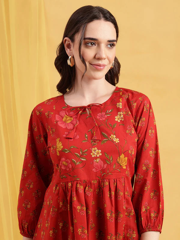 Red Floral Flared Cotton Stitched Tunic