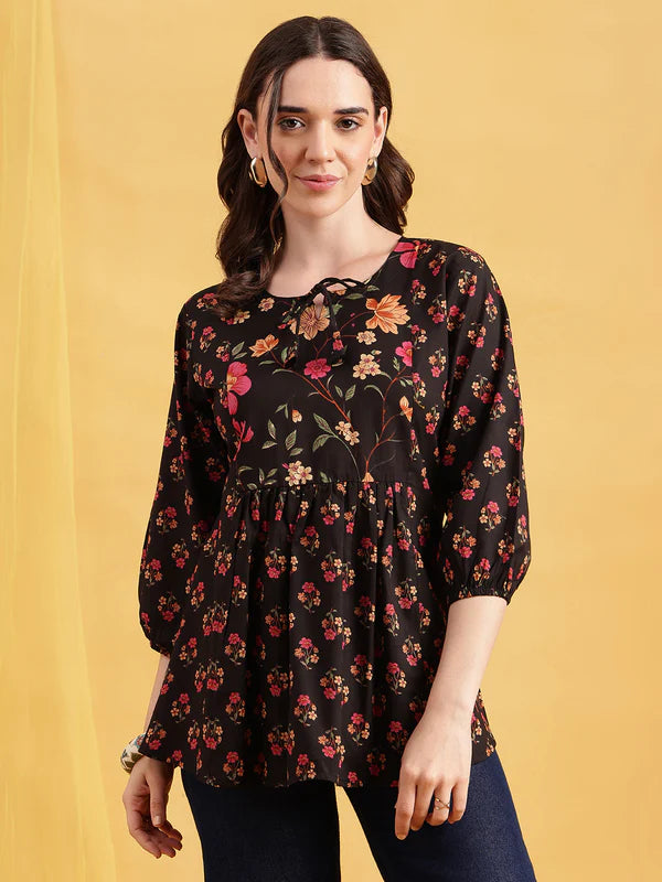 Red Floral Flared Cotton Stitched Tunic