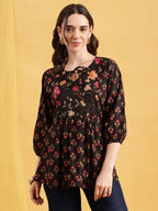 Red Floral Flared Cotton Stitched Tunic