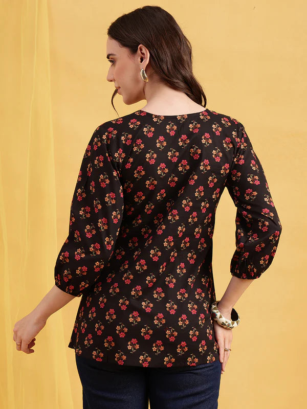 Red Floral Flared Cotton Stitched Tunic