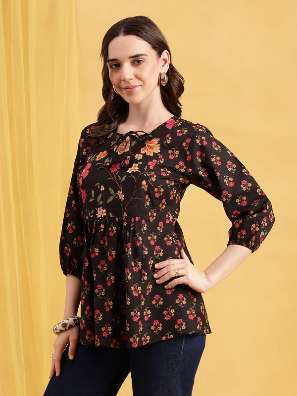 Red Floral Flared Cotton Stitched Tunic
