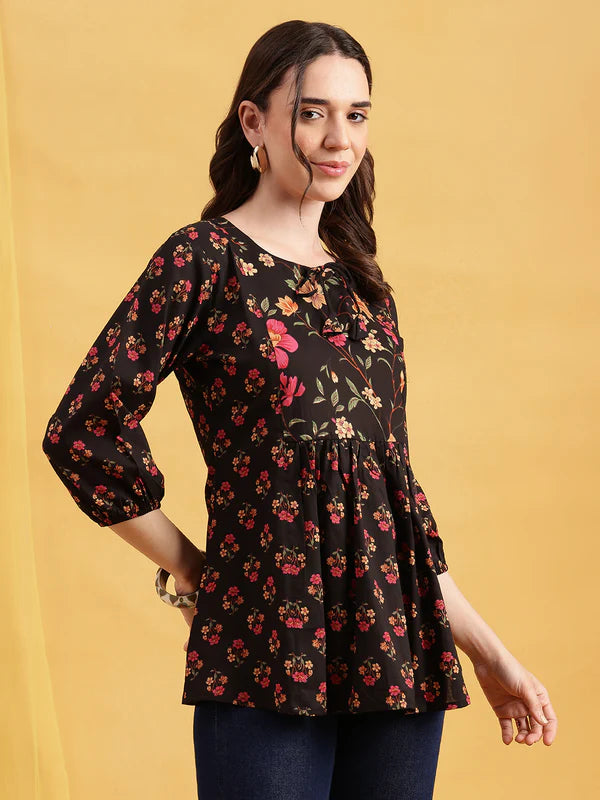 Red Floral Flared Cotton Stitched Tunic