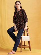 Red Floral Flared Cotton Stitched Tunic