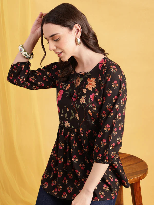 Red Floral Flared Cotton Stitched Tunic