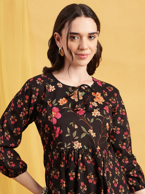 Red Floral Flared Cotton Stitched Tunic