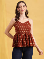 Burgundy Ikkat Flared Cotton Stitched Tunic