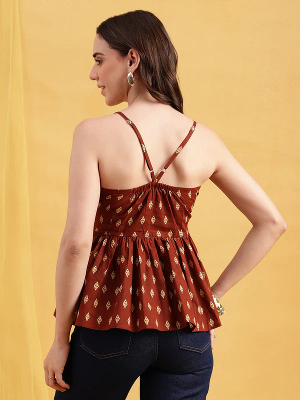 Burgundy Ikkat Flared Cotton Stitched Tunic