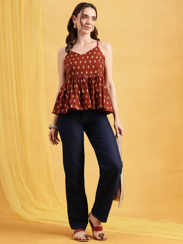 Burgundy Ikkat Flared Cotton Stitched Tunic