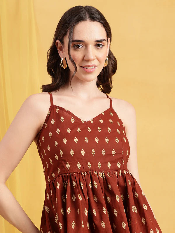 Burgundy Ikkat Flared Cotton Stitched Tunic