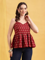 Burgundy Ikkat Flared Cotton Stitched Tunic