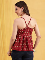 Burgundy Ikkat Flared Cotton Stitched Tunic