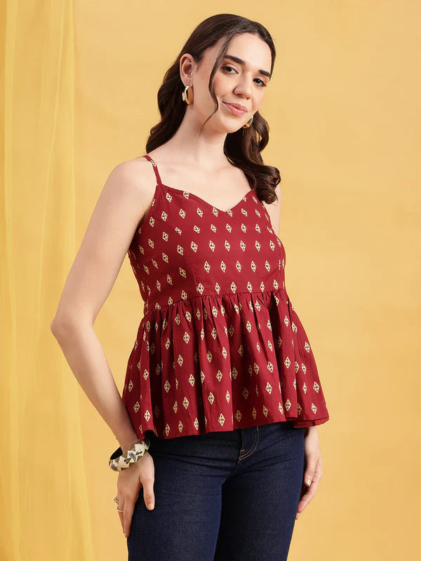 Burgundy Ikkat Flared Cotton Stitched Tunic