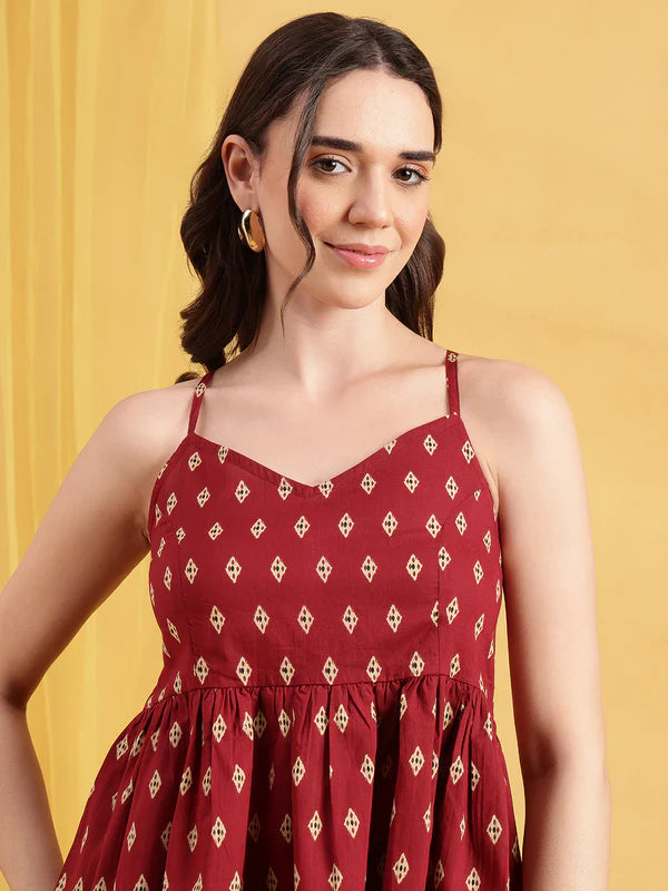 Burgundy Ikkat Flared Cotton Stitched Tunic