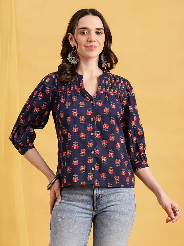 Black Floral Straight Cotton Stitched Top
