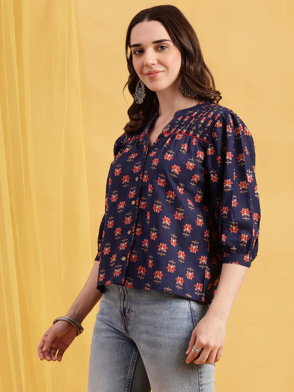 Black Floral Straight Cotton Stitched Top