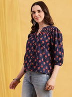 Black Floral Straight Cotton Stitched Top
