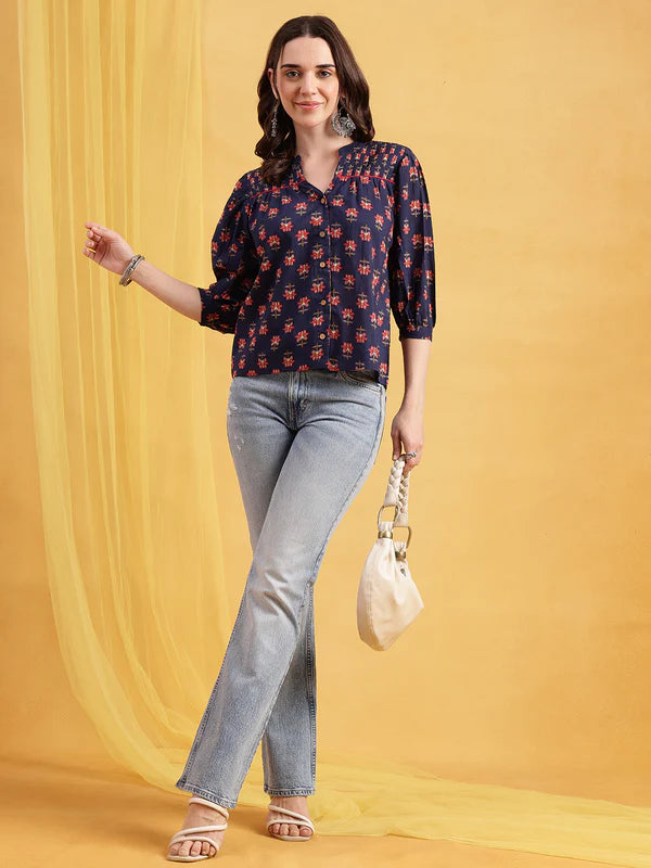 Black Floral Straight Cotton Stitched Top