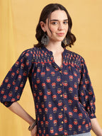 Black Floral Straight Cotton Stitched Top