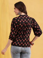 Black Floral Straight Cotton Stitched Top
