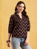 Black Floral Straight Cotton Stitched Top