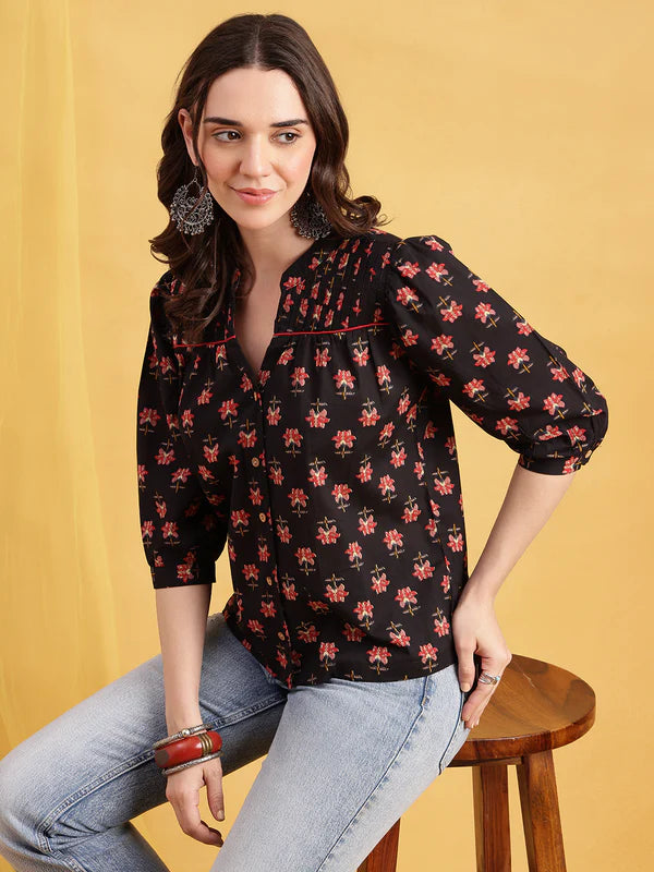 Black Floral Straight Cotton Stitched Top