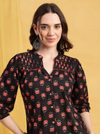Black Floral Straight Cotton Stitched Top