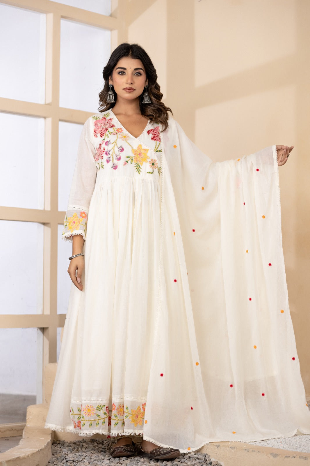 Elegant Mul Cotton Floral Embroidered Set with Dupatta