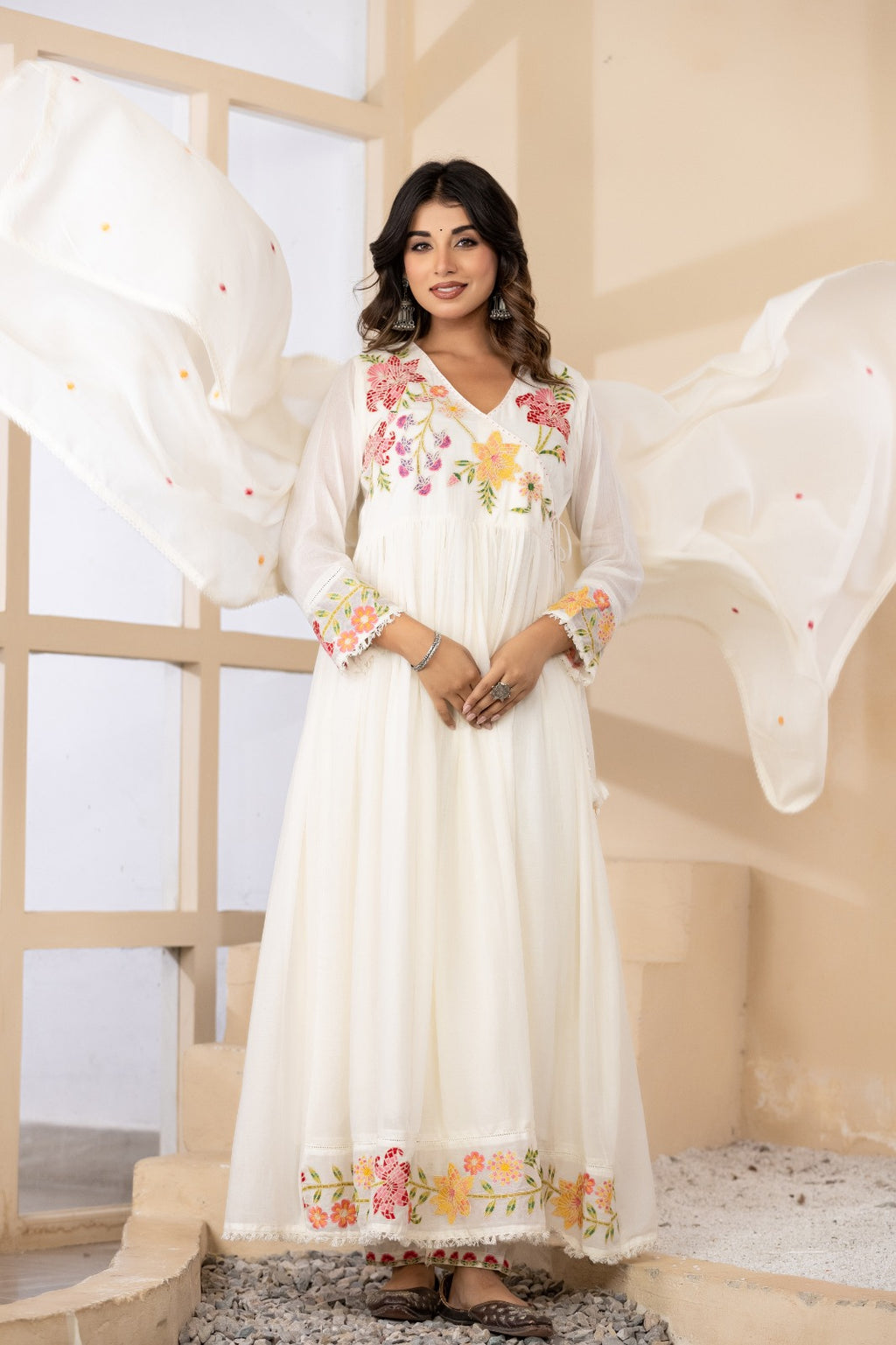 Elegant Mul Cotton Floral Embroidered Set with Dupatta