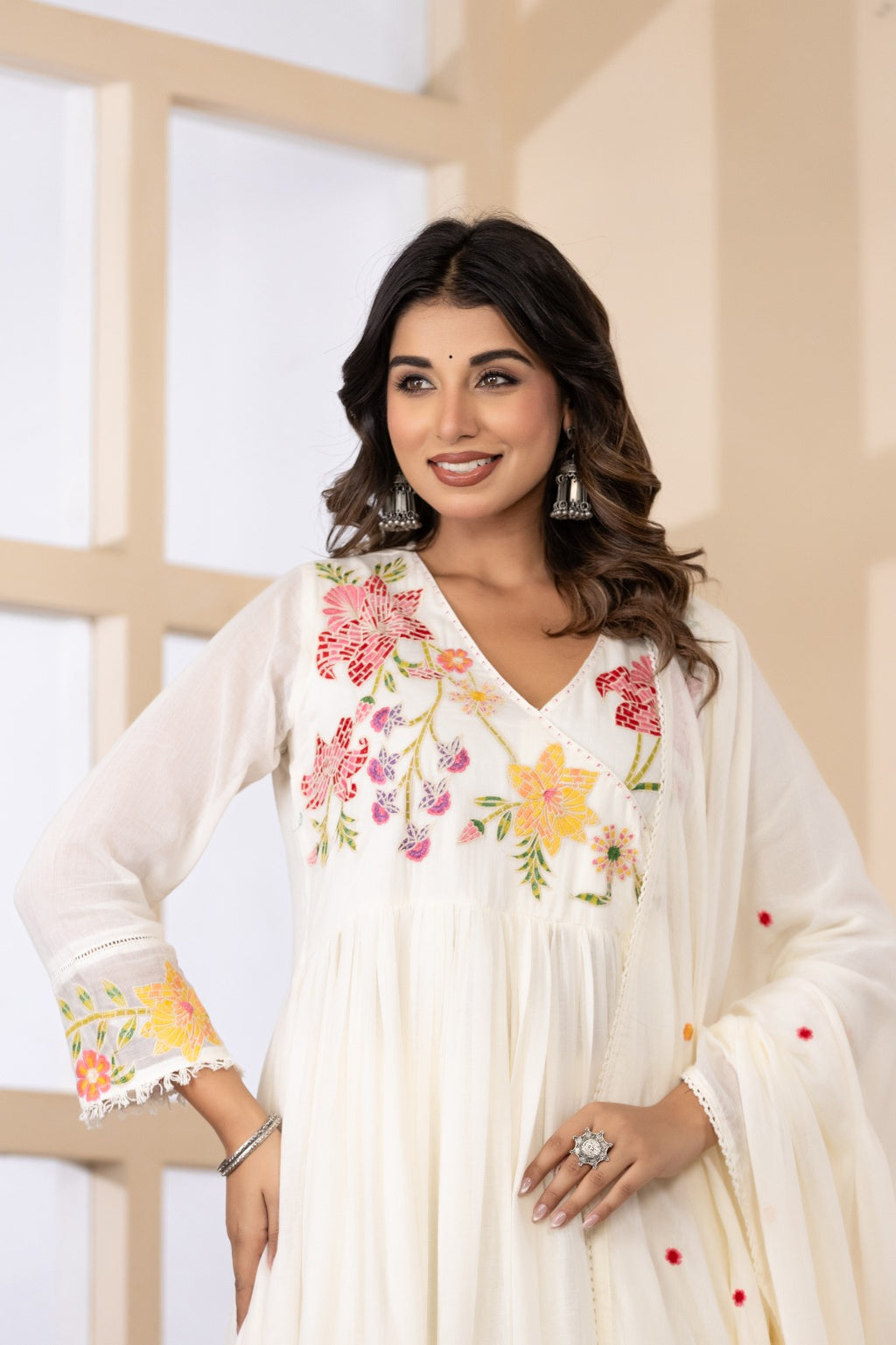 Elegant Mul Cotton Floral Embroidered Set with Dupatta