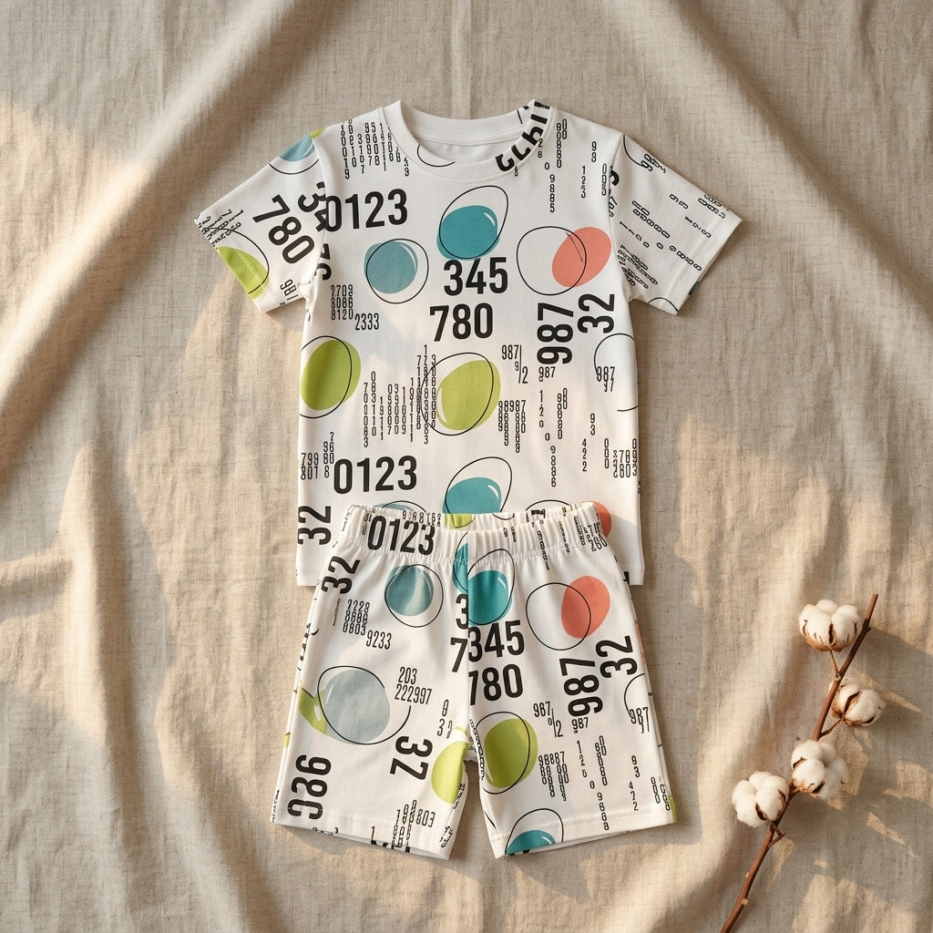 Boys White Printed Co-ord Set – Numeric Abstract Design