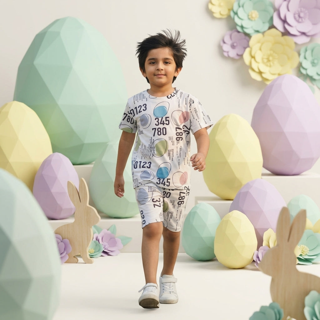 Boys White Printed Co-ord Set – Numeric Abstract Design