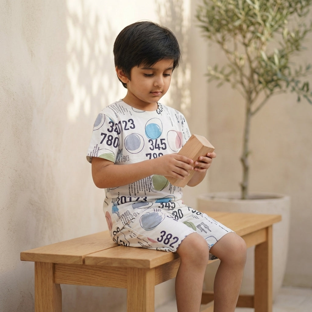Boys White Printed Co-ord Set – Numeric Abstract Design