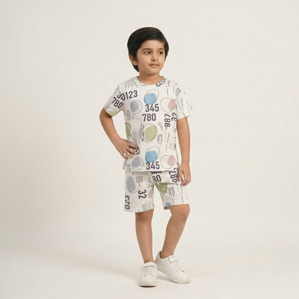Boys White Printed Co-ord Set – Numeric Abstract Design