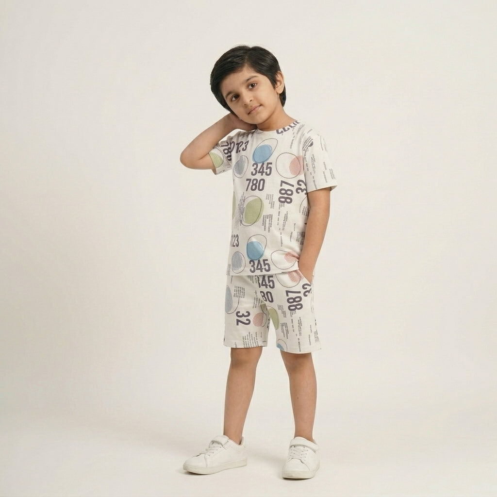Boys White Printed Co-ord Set – Numeric Abstract Design