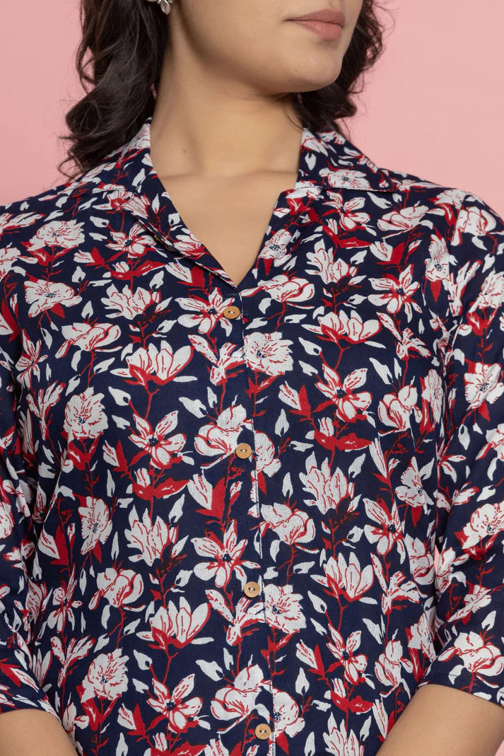 Women’s Navy Blue Floral Printed Kurta Set – Premium Soft Cotton | 2-Piece Set