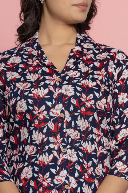 Women’s Navy Blue Floral Printed Kurta Set – Premium Soft Cotton | 2-Piece Set