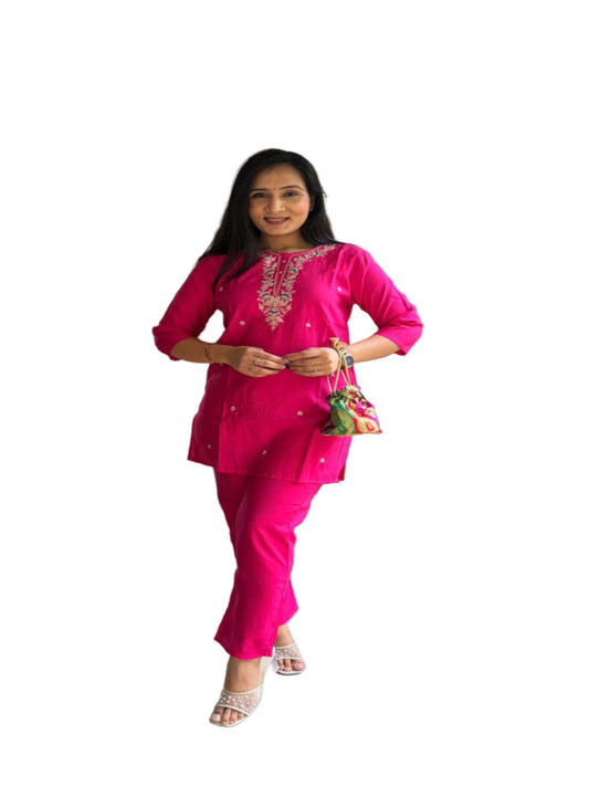 Hot Pink Vertical Silk Cord Set with Embroidered Kurta