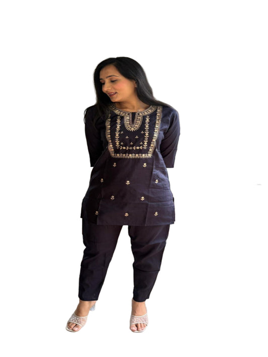 Deep Navy Blue Silk Corde Kurta Set with Golden Embroidery