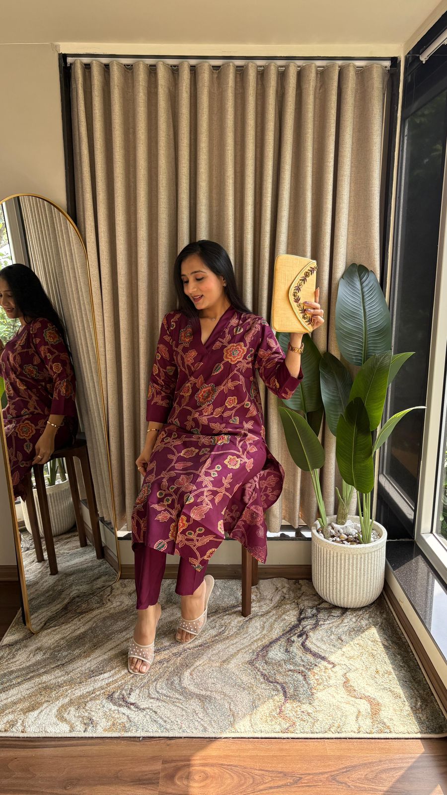 Maroon Vertical Silk Print Kurta Set with Multicolor Floral Design