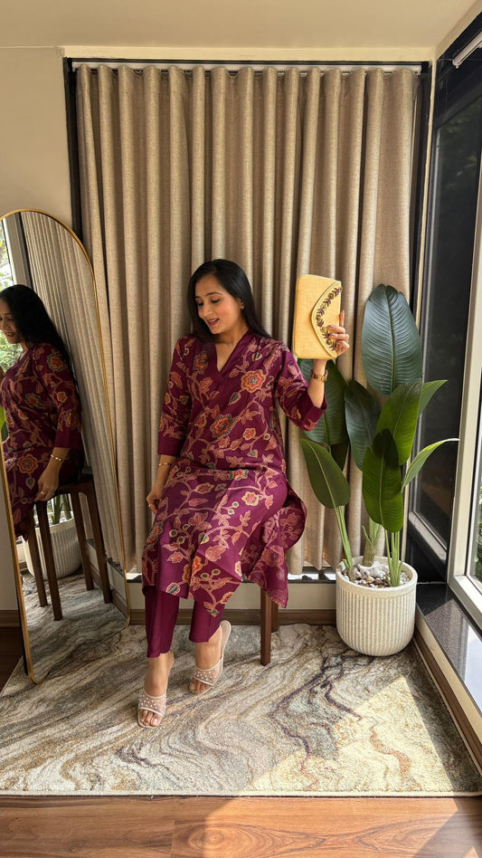 Maroon Vertical Silk Print Kurta Set with Multicolor Floral Design