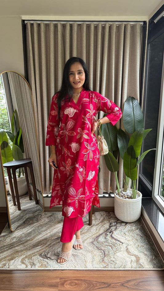 Vibrant Red Vertical Silk Print Kurta Set with Straight Pants