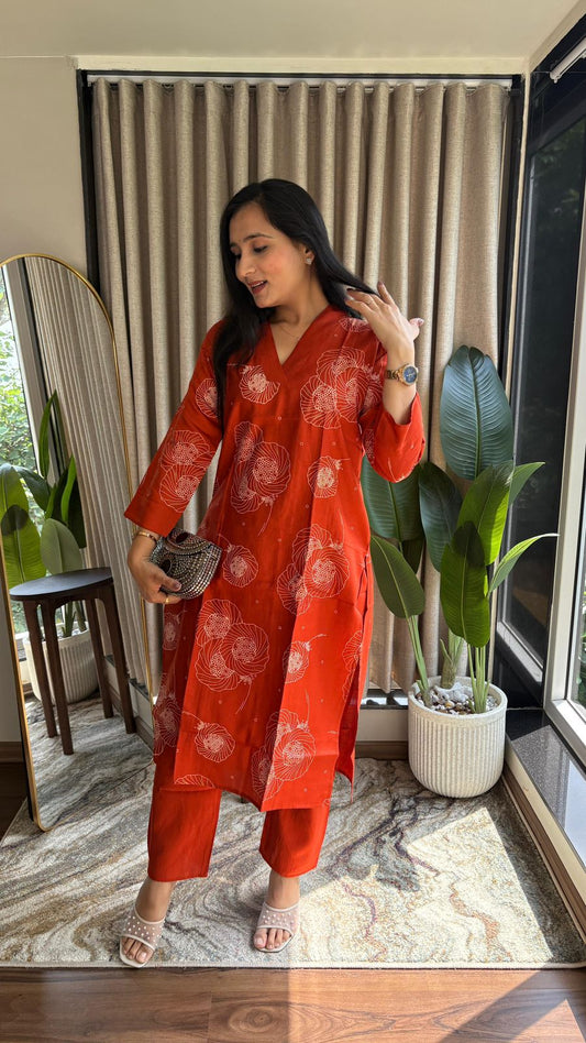 Rust Orange Vertical Silk Print Kurta Set with Straight Pants