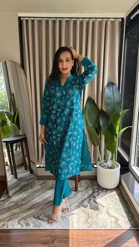 Teal Floral Printed Vertical Silk Kurta Set