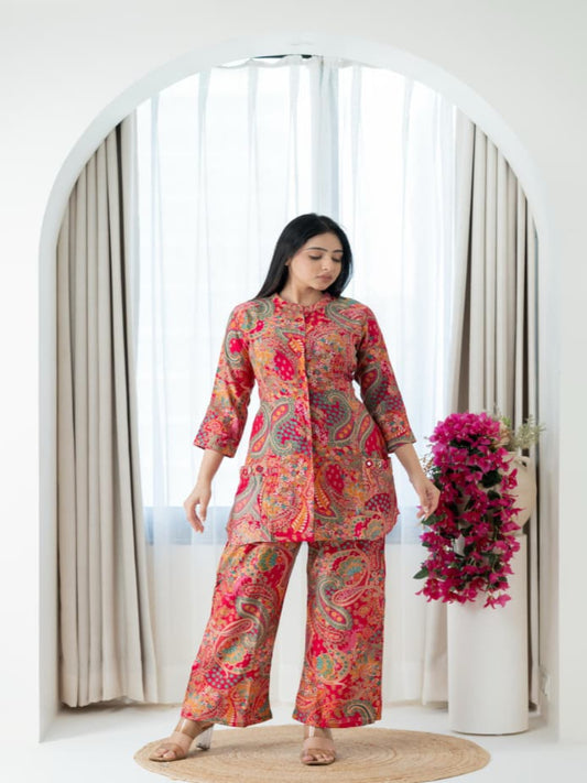 Premium Pure Viscose Vetican Worked A-Line Top with Palazzo Co-Ord Set