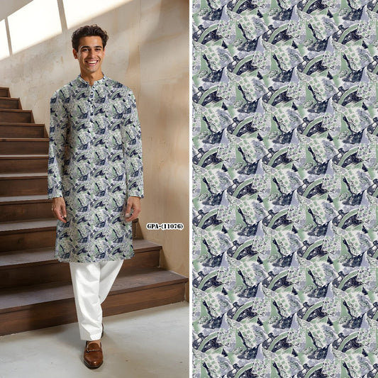 Men’s Printed Cotton Kurta in Abstract Green & Navy Design