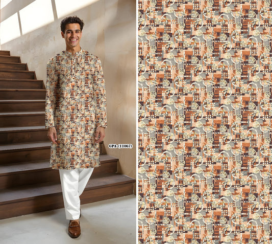 Men’s Printed Cotton Kurta in Rust & Beige Geometric Pattern