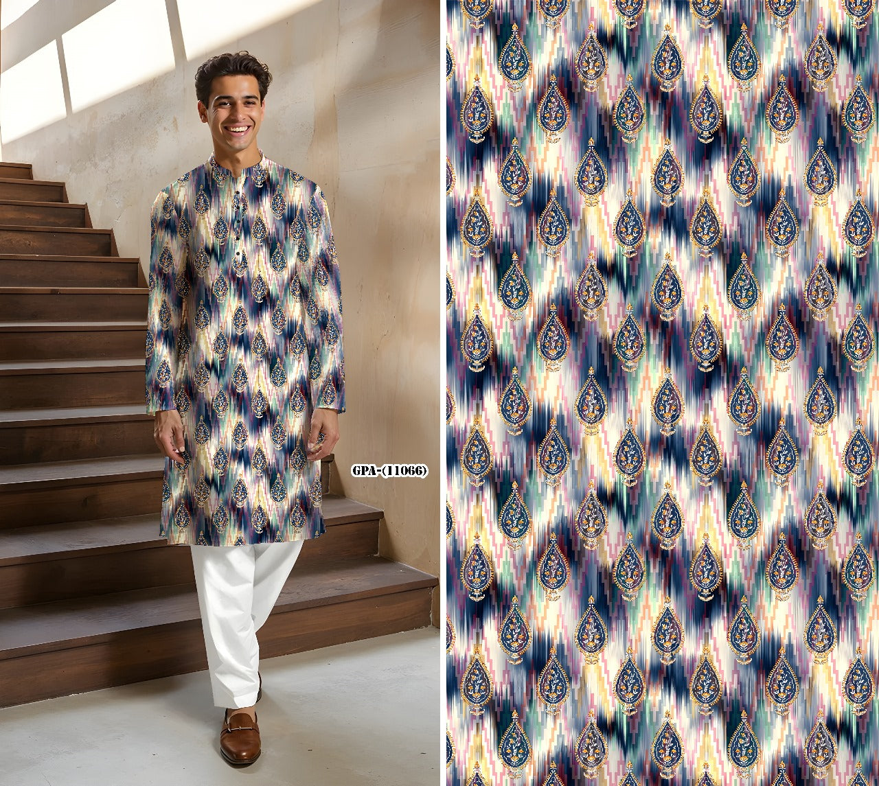 Men’s Multicolor Printed Cotton Kurta with Paisley & Ikat Design