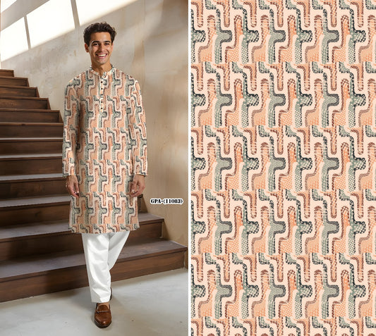 Men’s Peach & Grey Abstract Printed Cotton Kurta