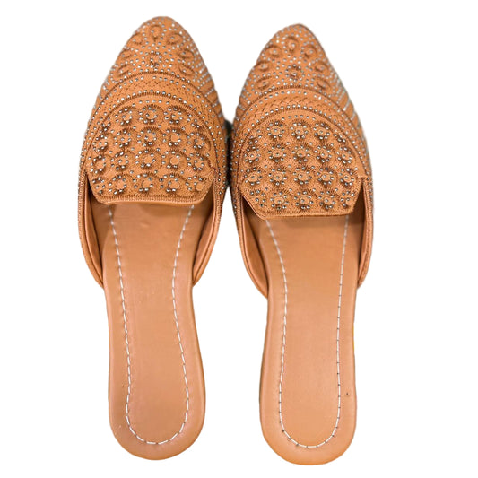 "Women's Embroidered Tan Jutti Slip-On Flats with Crystal Detailing"