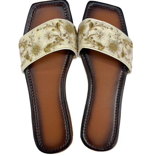 Embroidered Ivory Ethnic Slip-On Flats with Golden Detailing